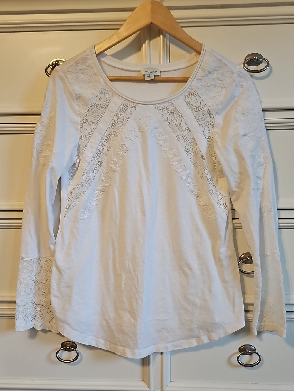 Sundance White Long-Sleeve Lace Inset Top